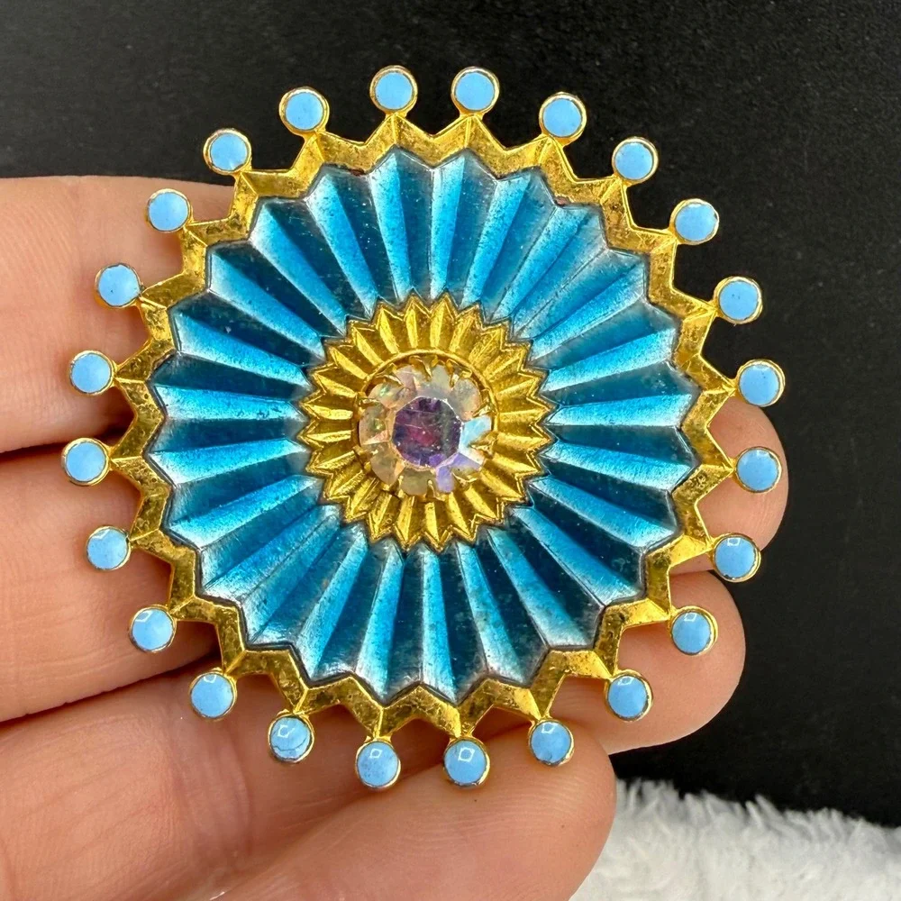 Vintage Enamel Sunburst Brooch Italy Blue Gold Tone AB Rhinestone